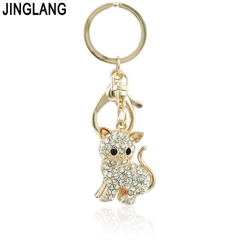 

JINGLANG Gold Color Metal Animal Lobster Clasp Keyring Dangle Crystal Cat Keychains For Women Luxury Handbag Pendants Jewelry