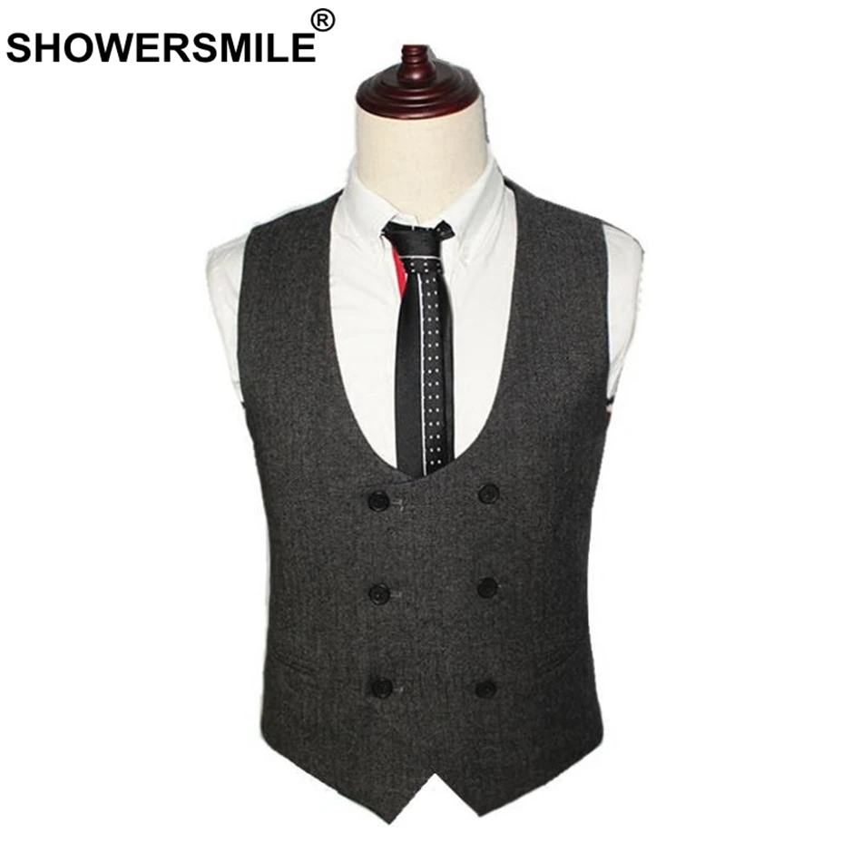 

SHOWERSMLE Mens Double Breasted Waistcoat Autumn Winter Gray Woolen Suit Vest Male Vintage Slim Fit Business Clothing Gilet 2019