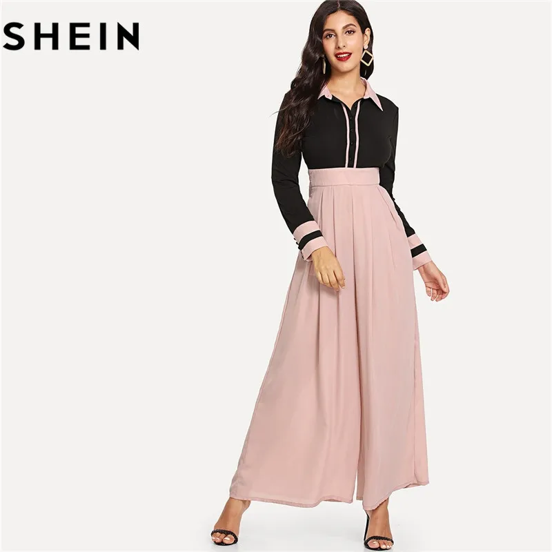 Buy SHEIN Long Sleeve High Waist Wide Leg Two Tone