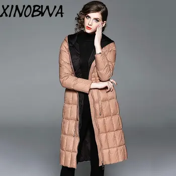 

Europe New Women Winter High Fashion Medium Long Solid Thick Warm Down Jackets Female Casual Slim Long Parkas Coats With Hooded
