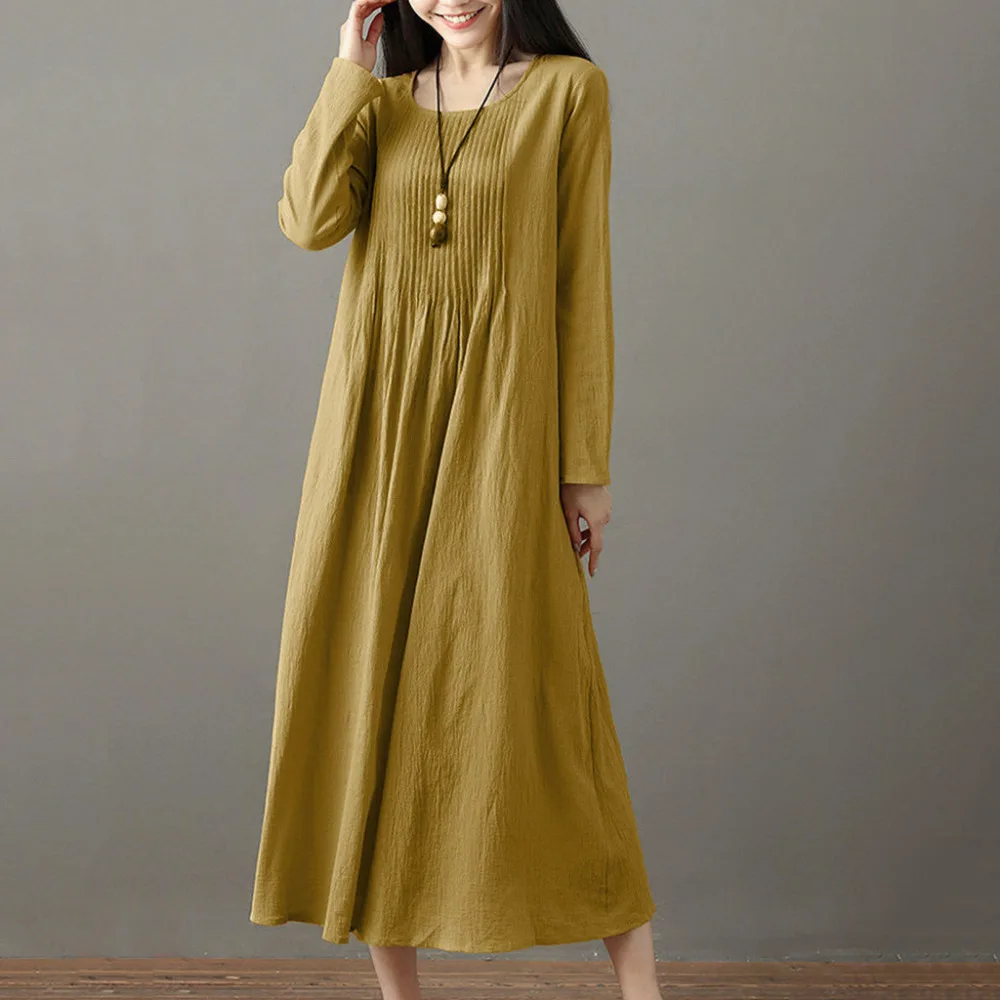 

women cotton linen solid color dresses o-neck solid color long sleeve vintage cotton linen high waist loose long dress #20