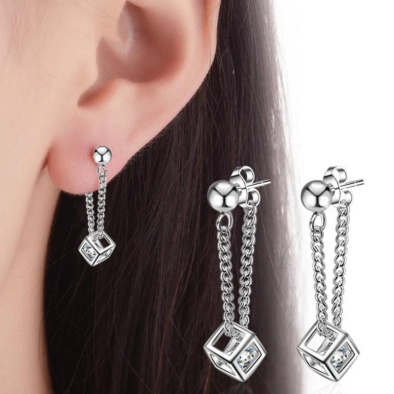 

Fashionable 3A Zircon Rubik's Cube Charm Earrings Jewelry Gentle Fashion Silver Plated Link Chain Earring Jewelry Gift for Women