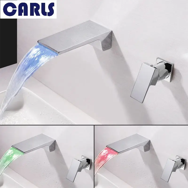 

Wall mounted Hot and Cold Water Basin faucet Waterfall LED Temperature Control Discolouration split Concealed Washbasin faucet