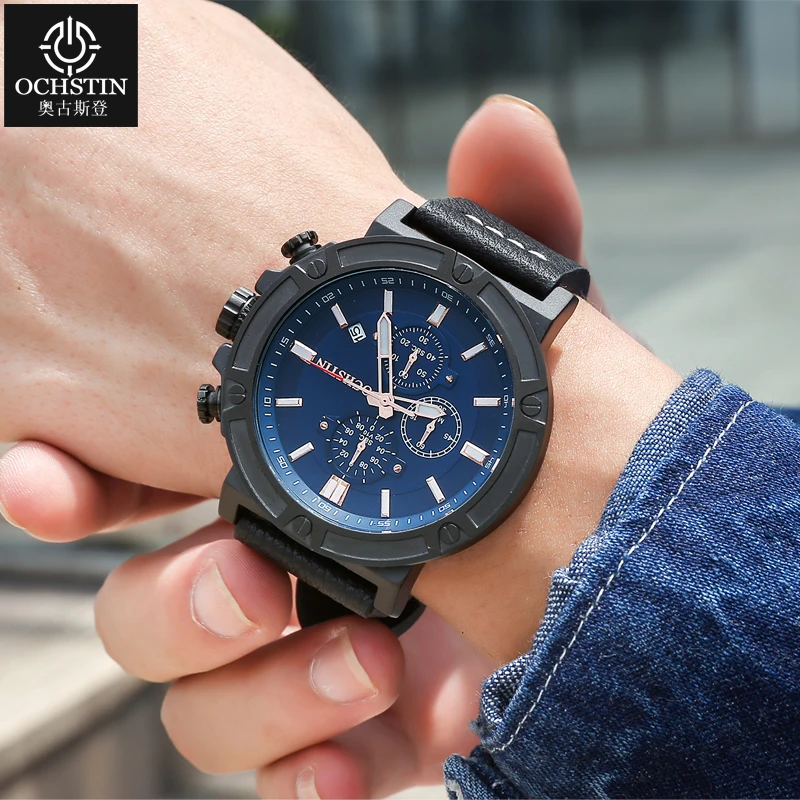 Ochstyn известный бренд мужские спортивные часы водонепроницаемые Роскошные часы с кожаным ремешком наручные кварцевые черные часы relogio masculino