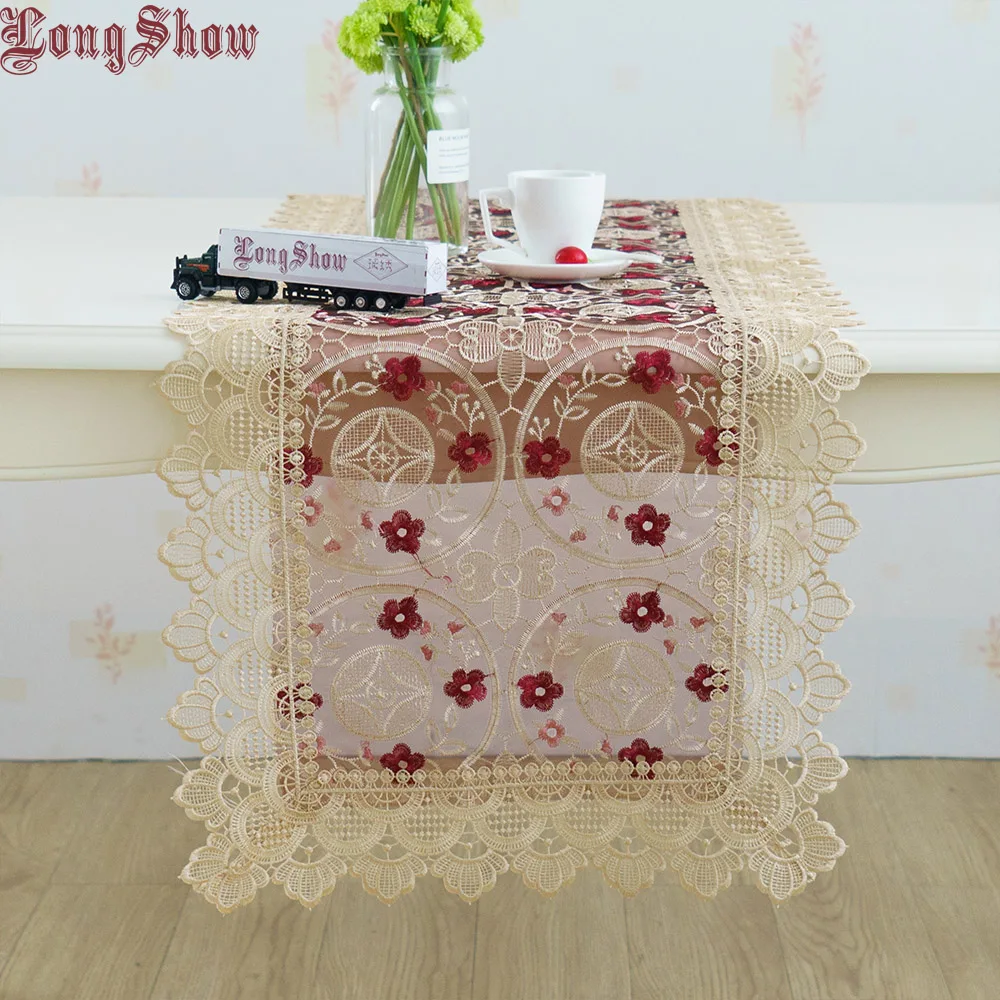 

Luxury Classic Chinese Coins Design Burgundy Organza Embroidered Table Runner