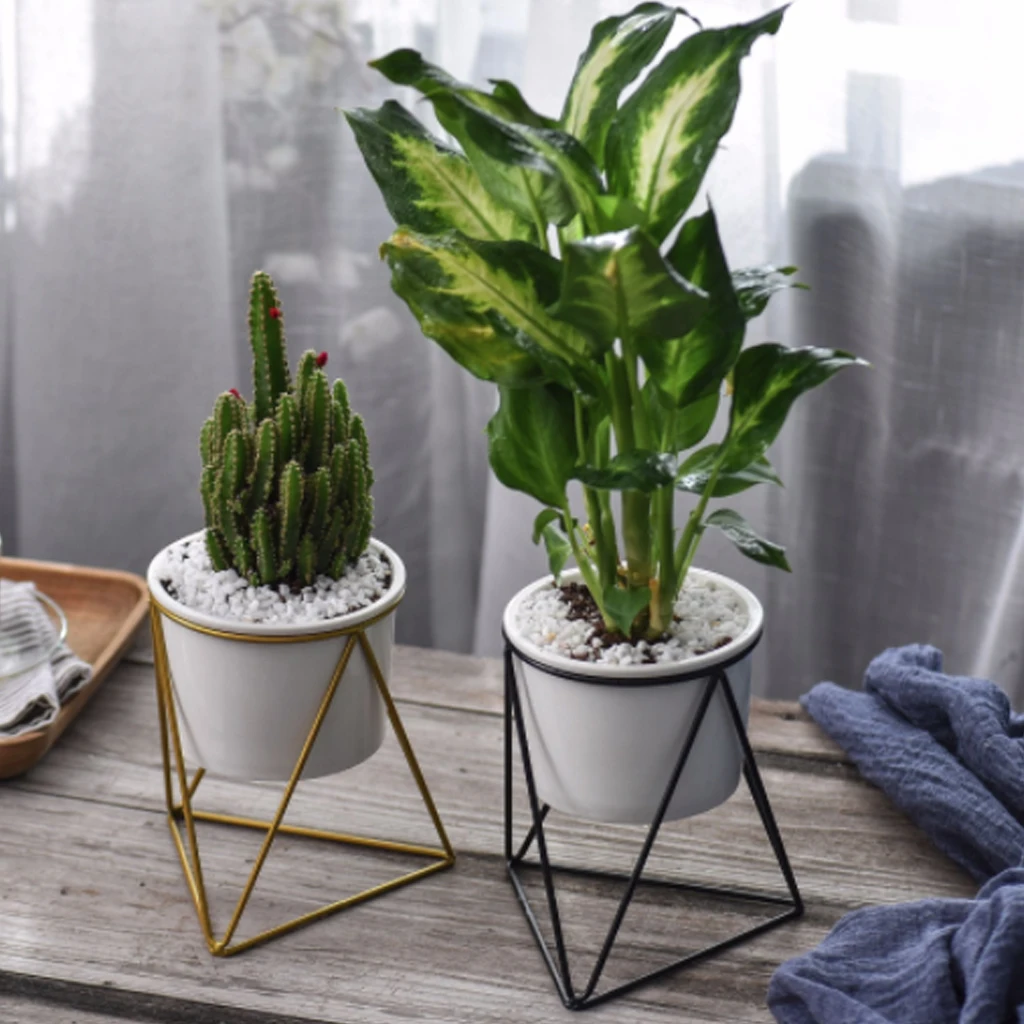 

Geometric Decor Vase Planter Modern Simple Iron Art Stand with Ceramic Pots Succulent Flower Container for Indoor Desktop Decor