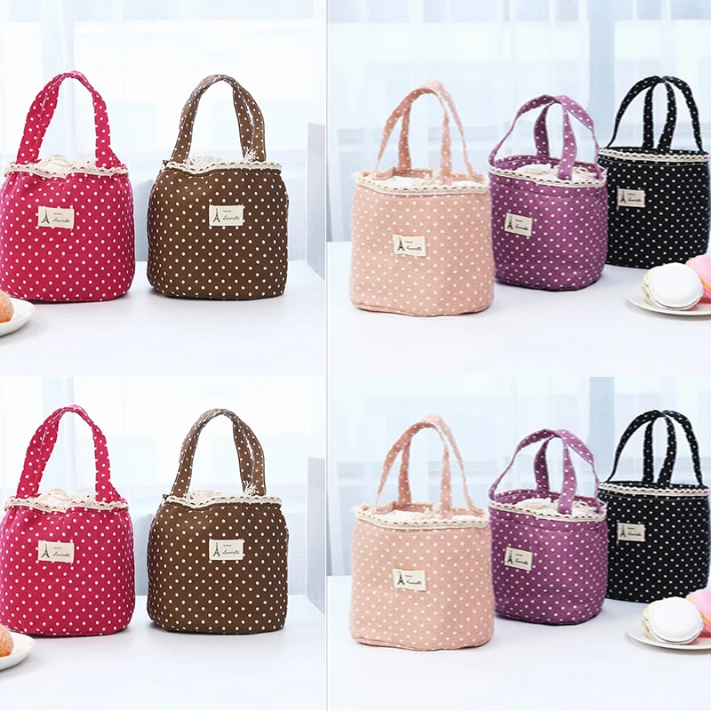 

Women's cotton canvas lunch bag polka dot insulated bag