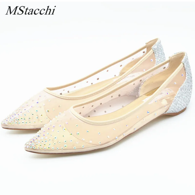 

Mstacchi BlingBling Rhinestone Women Shoes Luxury Single Flat Pointed Toe Shoes Woman Wedding Shoes Slip On Casual Mesh Shoes
