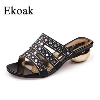 

Ekoak New Fashion Summer Party Wedding Shoes Sexy Crystal Women Sandals Ladies Open Toe Med High Heels Shoes Woman Slides