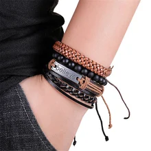 2019 nueva pulsera de cuero de moda y brazalete para hombres 3/4 Uds. 1 juego pulsera multicapas Vintage hecha a mano pulsera de regalo de verano Pulseira