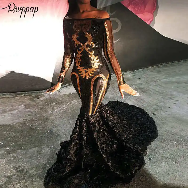 

Sheer Long Sleeve Sexy Prom Dresses 2020 Mermaid Black And Gold Sequin Flowers African Sparkly Prom Dress New