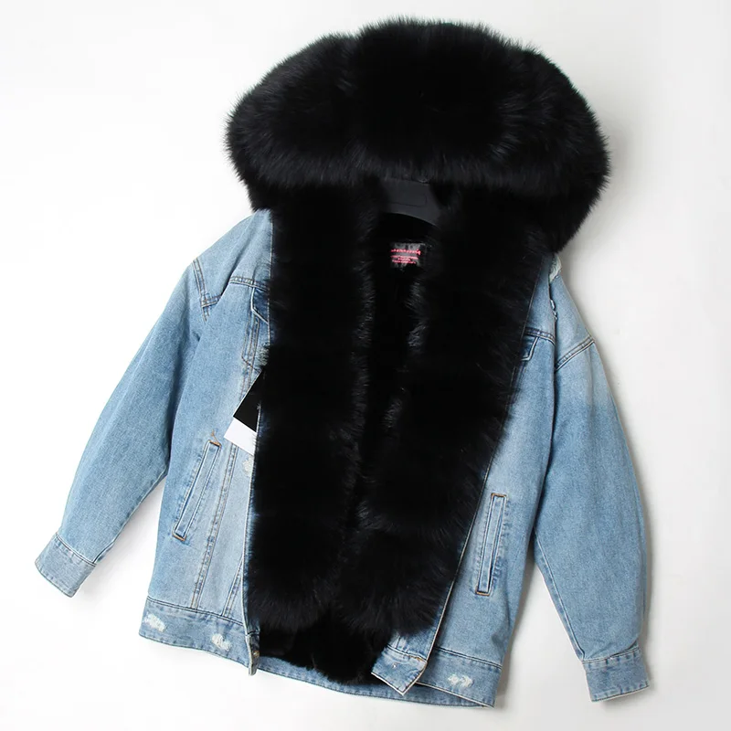 Maomaokong natural rabbit fur lined denim jacket fox fur coat coat fashion denim fox fur warm lady winter jacket women parka