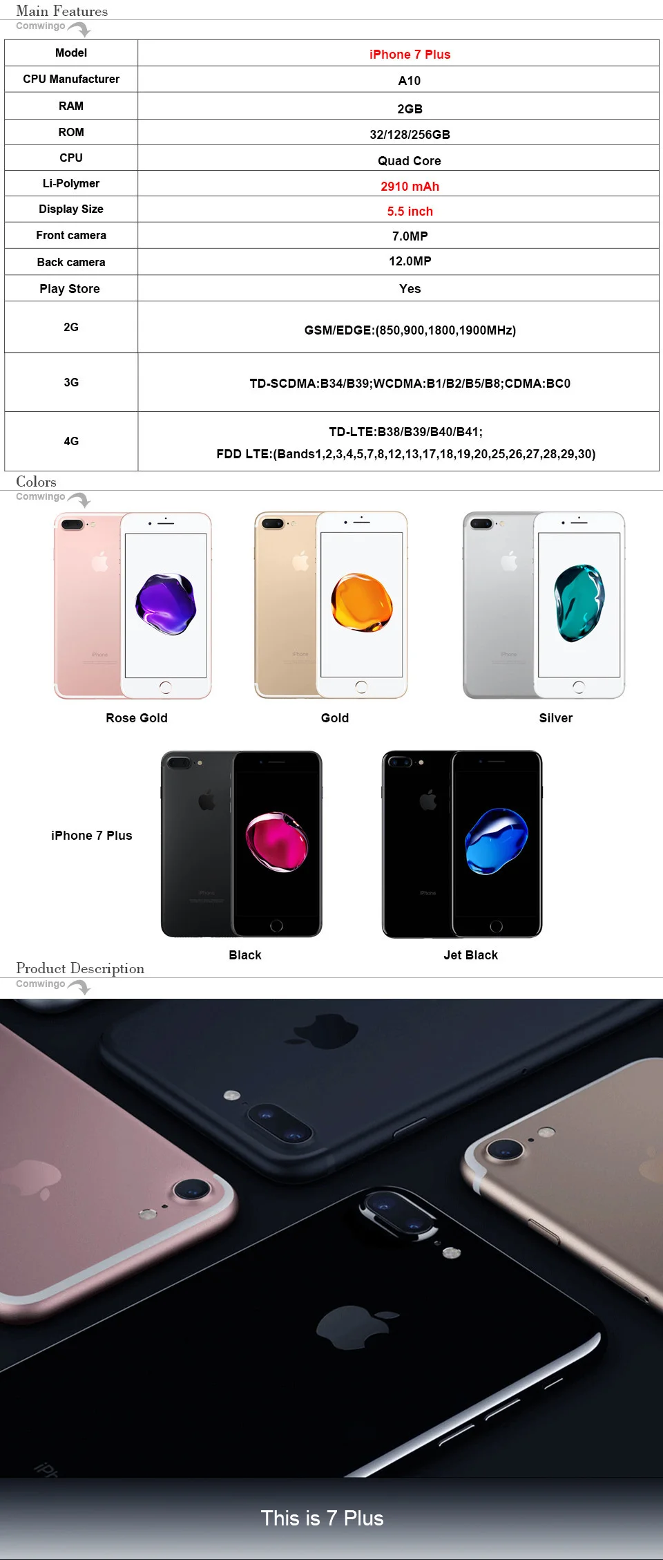 Apple iPhone 7 Plus, 3 Гб оперативной памяти, Оперативная память 32/128 ГБ/256 ГБ Встроенная память Quad-Core IOS LTE 12.0MP Камера iPhone7 плюс отпечатков пальцев телефон б/у