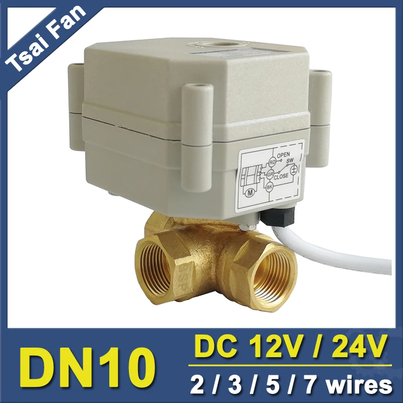 

Tsaifan TF10-BH3-C 3/8'' DN10 DC12V or DC24V 3 Way T Type Brass Electric ball Valve with position indicator for plumbing