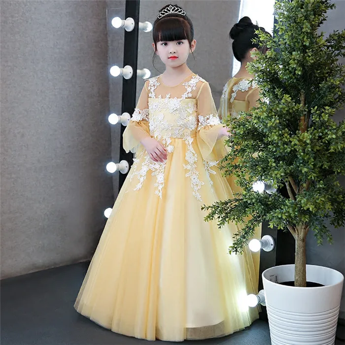 Осень-зима высокое качество детская Обувь для девочек желтый принцессы Кружево длинное платье для дня рождения Свадебная вечеринка расклешенными рукавами платье - Цвет: yellow color