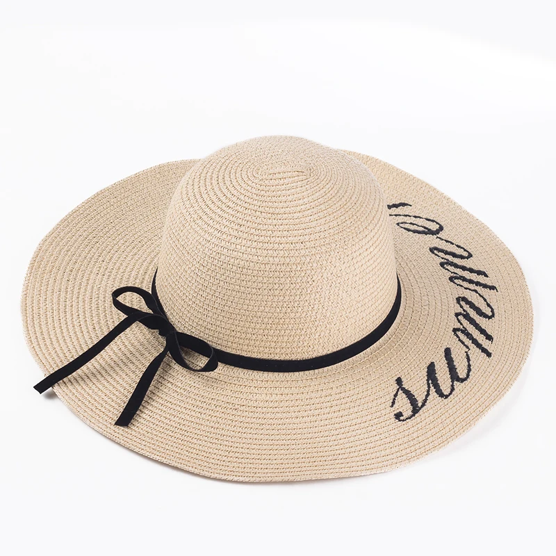 Летние женские солнечные шляпы для дам широкие поля, из соломы шляпы уличные складные пляжные панамки шляпка для церкви соломенная шляпа с вышитыми буквами Feminino солнцезащитная Кепка