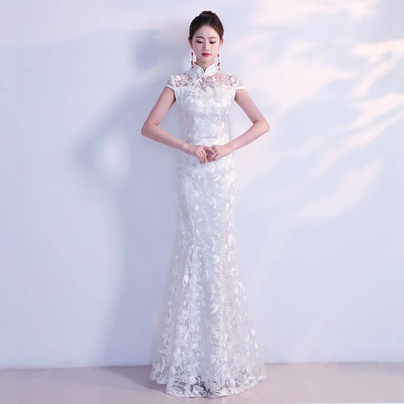 Белое традиционное китайское свадебное платье сексуальное Qipao Русалка Cheongsam вечернее кружевное платье современные восточные платья элегантные Qi Pao - Цвет: white