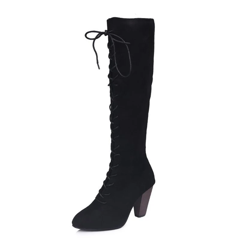 

Women Black Over Knee Lace-up Boots zipper Long Boots Autumn Winter Ladies Fashion Warm Chunky Work Boots Snow Shoes For Women