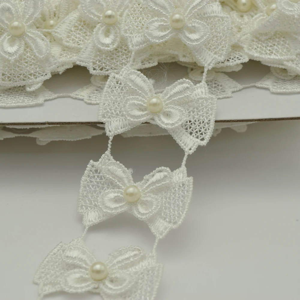 

14yards White Pearl Lace Ribbon Bow Sewing Trim Applique Sew On Patch 4cm width