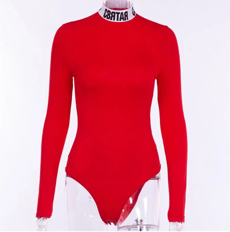 Повседневный боди с высоким воротом и буквенным принтом Mujer, женский сексуальный, Осень-зима, длинный рукав, водолазка, облегающий костюм для фитнеса - Цвет: Красный