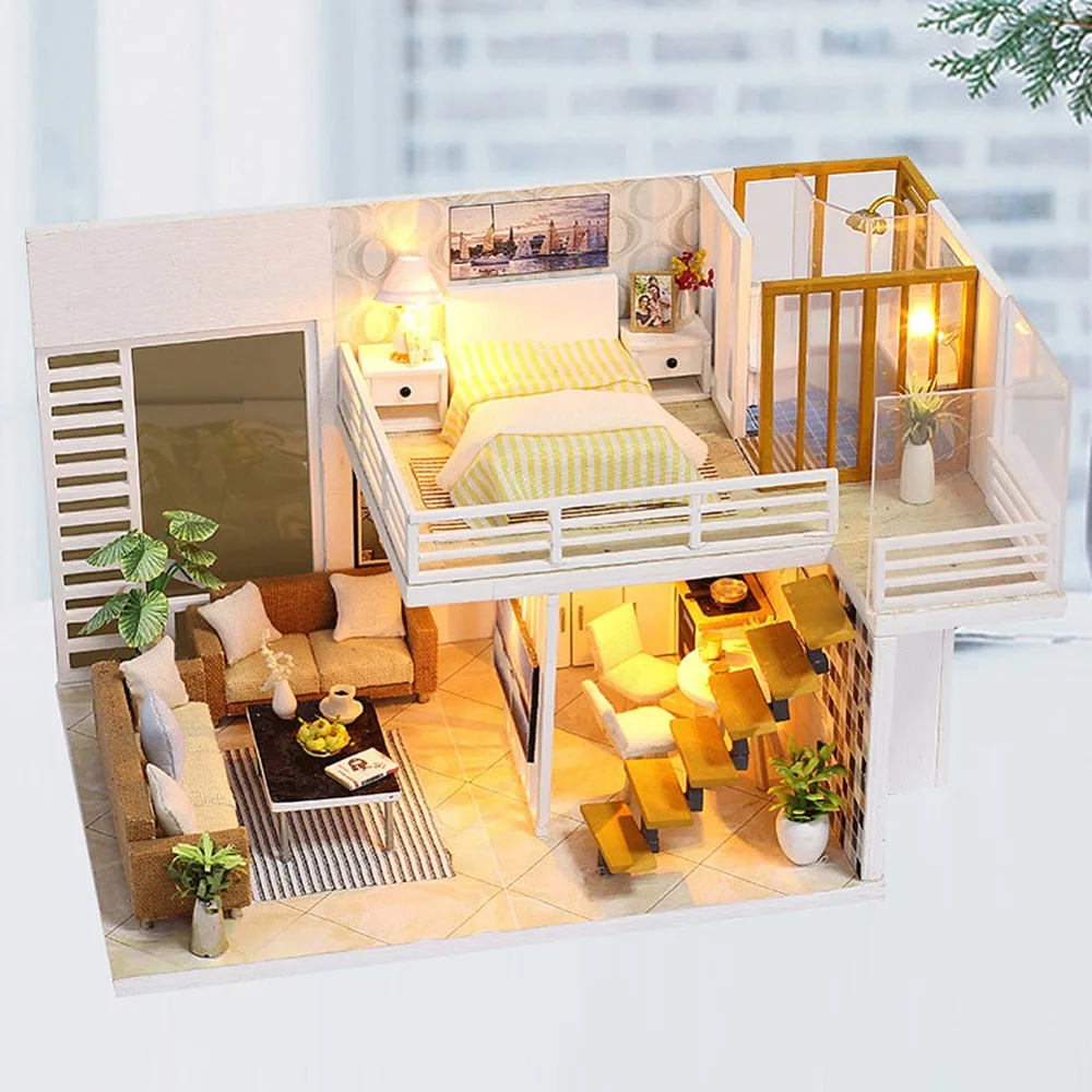 DIY Kit Миниатюрная модель деревянный кукольный дом светодиодный мебели игрушка ручной работы для детей