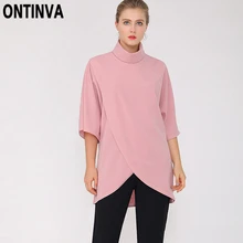 Женская розовая футболка с воротником-хомутом, необычная футболка с разрезом спереди, рукав летучая мышь, пуловеры, топы, футболки, женские свободные длинные туники, туники