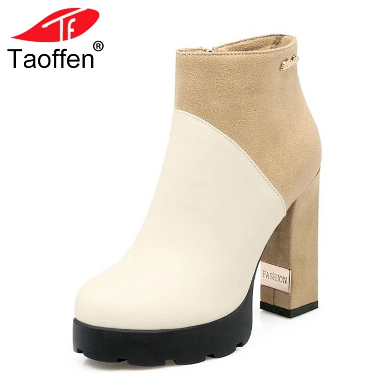 

TAOFFEN Size 33-43 Women Short Boots High Heel Zipper Platform Mixed Color Winter Boots Mature Fashion Shoes Ladies Ankle Boots