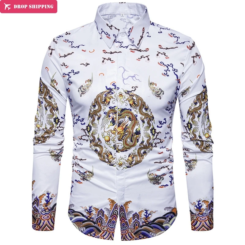 

DropshippingEuropean new men's China wind robe 3D printing long sleeved shirt