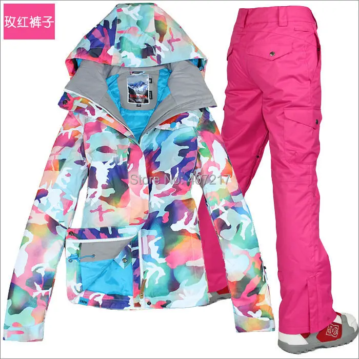 2015 hot pink ski suit women snowboarding riding suit skiwear camouflage ski jacket and ski pants waterproof 10K breathable warm