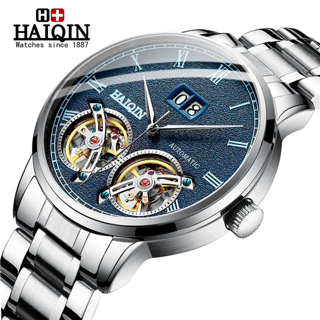 Бизнес Автоматическая техника двойной турбийон часы для мужчин HAIQIN мужские s часы лучший бренд класса люкс военные спортивные часы reloj hombre - Color: S-silver blue