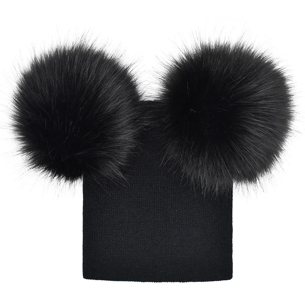 1pcs Autumn New Women Faux Fur Pompom Hat Childr Winter Warm Cap Knitted Beanie Double Ball Pom Pom Hats Woman Bonnet Fem - Цвет: BLACK