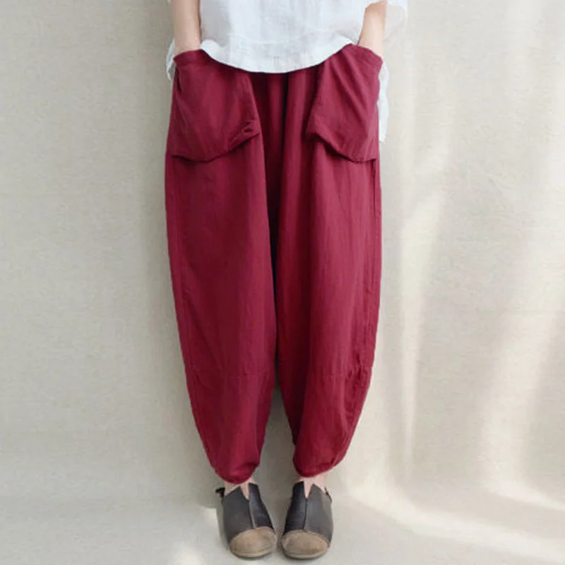 

2019 Women Autumn Retro Hip-hop Harem Pants Elastic Waist Pockets Linen Cotton Loose Solid Long Pantalon Trousers Plus Size