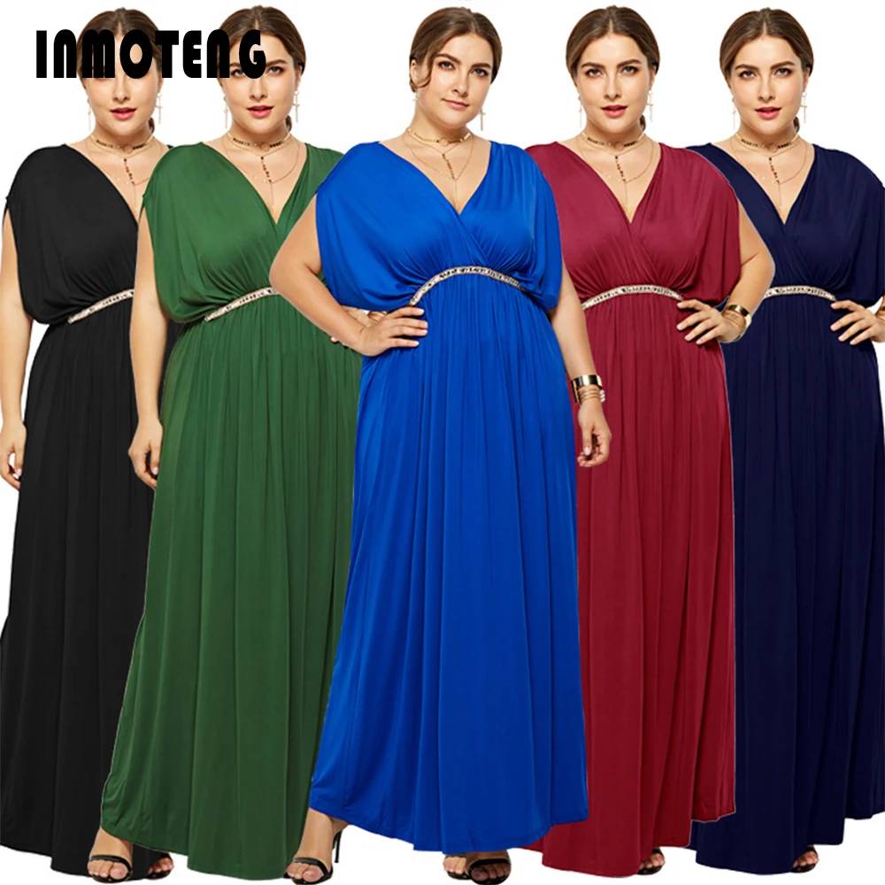 

INMOTENG Womens Big Size loose Maxi Long Dresses Batwing Sleeve Deep V Neck Sashes Diamonds Gown Dress For Dinner Party Pullover