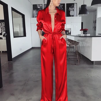 

Articat Satin Wide Leg Women Jumpsuit Long Sleeve High Waist Buttons Bodycon Rompers Womens Jumpsuit Casual Loose Overalls