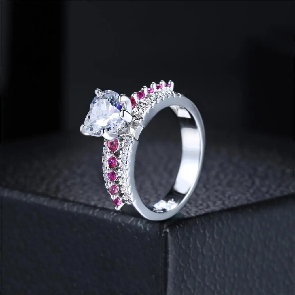 Double Fair Unique Love Heart Cubic Zirconia Trendy Engagement Rings White Gold Color Fashion Jewelry For Women DFDD016