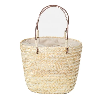 

AUAU-Summer Women Durable Weave Straw Beach Bag Feminine Woven Bucket Grass Casual Tote Handbags Knitting Rattan Bags