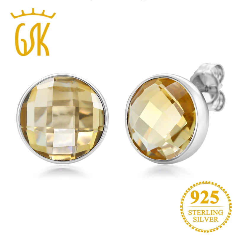 

GemStoneKing 6.00Ctw Round Checkerboard Style Natural Citrine Gemstone Stud Earrings 925 Sterling Silver Fine Jewelry For Women