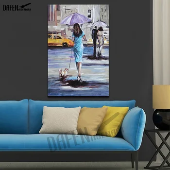 

Woman with Umbrella and dog Handmade Oil Painting on Canvas Palette Knife Figure Picture for Modern Wall Art Home Decorations