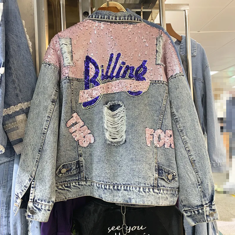 

2019 autumn new Korean version of heavy industry hole sequins loose wild old denim jacket female jacket shirt tide