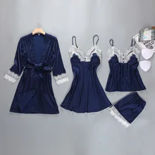 Пикантные весенние банный халат пижамы наборы 4 шт ремень Топ и штаны костюм пижамы Повседневное дома ночная рубашка халат-кимоно M-XL