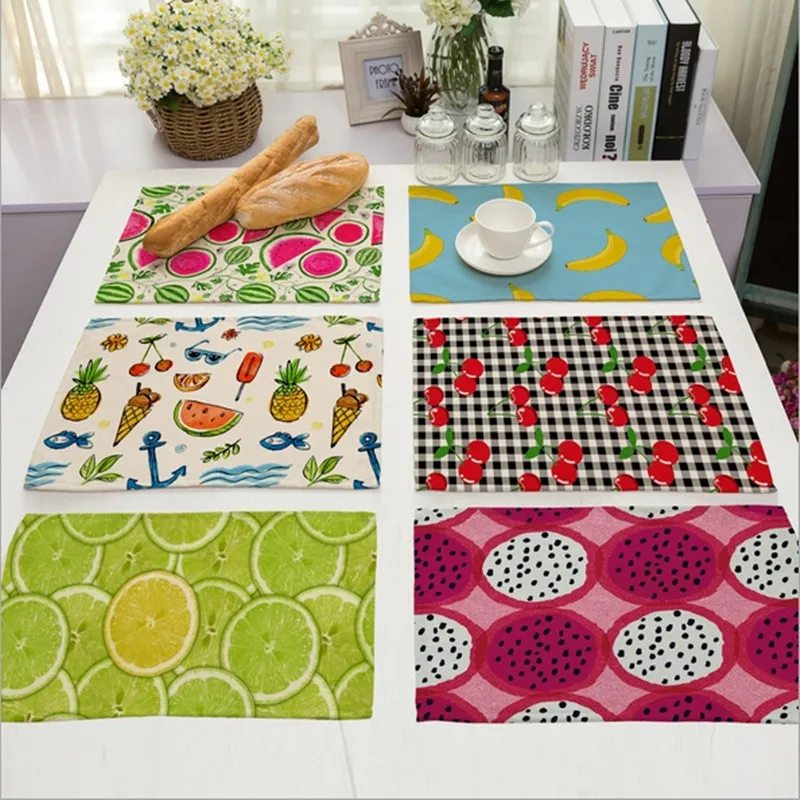 

Hot Sale Variety of Fruit Placemat Cotton Linen Colorful Drawing Table Mat Dishware coasters For Dinner Accessories Cup Wine mat