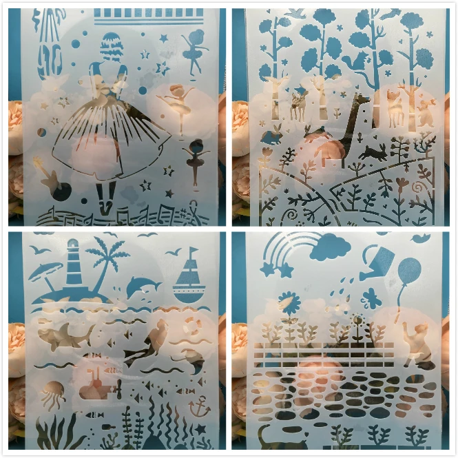 

4Pcs/Set A4 Girl Forrest Ocean DIY Layering Stencils Painting Scrapbook Coloring Embossing Album Decorative Card Template