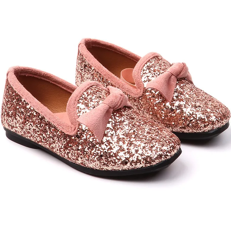 Весенне-Осенняя детская обувь для девочек с блестками, блестящая Студенческая обувь с мягкой подошвой, обувь для девочек с бантом, детская
