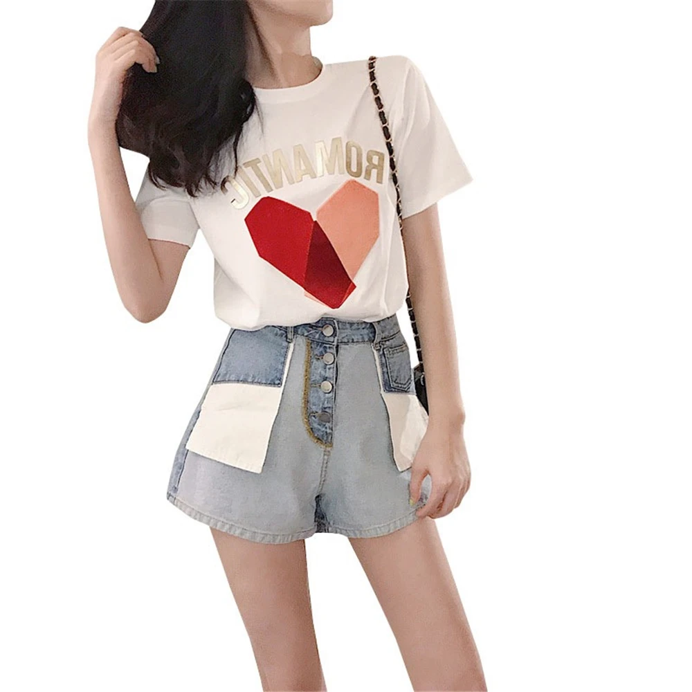 

Women's Summer Short Sleeve Shorts Two-Piece Harajuku Fashion Letter Pattern Print Short Sleeve Girls Wild Trend Denim Shorts