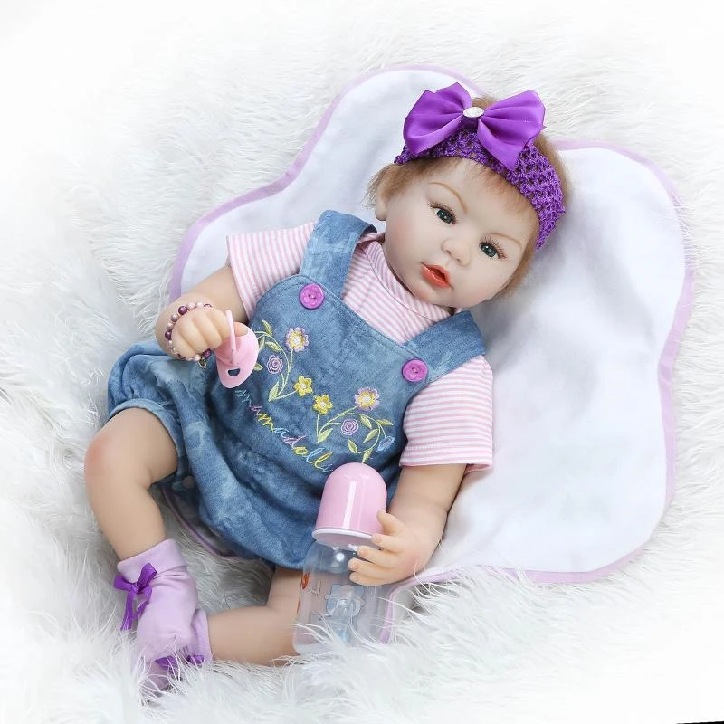

55cm/22" Lifelike Purple Headband Jeans Wear Reborn Dolls Soft Touch Vinyl Handmade Baby Toys Gift Collection