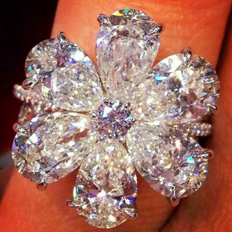 Милое женское хрустальное кольцо с цветком из циркона 925 серебро большой камень палец кольцо винтажные Свадебные Кольца для женщин модные ювелирные изделия