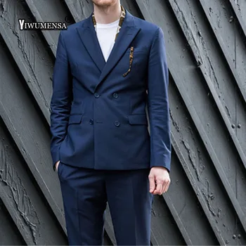 

yiwumensa Navy Blue Evening Party Men Suits Double Breasted Custom Made Wedding Groom Suit Tuxedos Terno Masculino(Jacket+Pants)