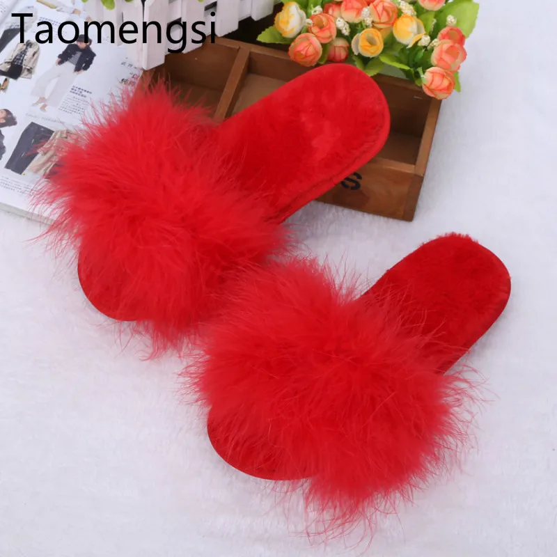 Taomengsi/новые зимние домашние тапочки из страусиного меха; утолщенная плюшевая толстая нескользящая подошва; хлопковые Черные тапочки; размеры 36-41 - Цвет: Красный
