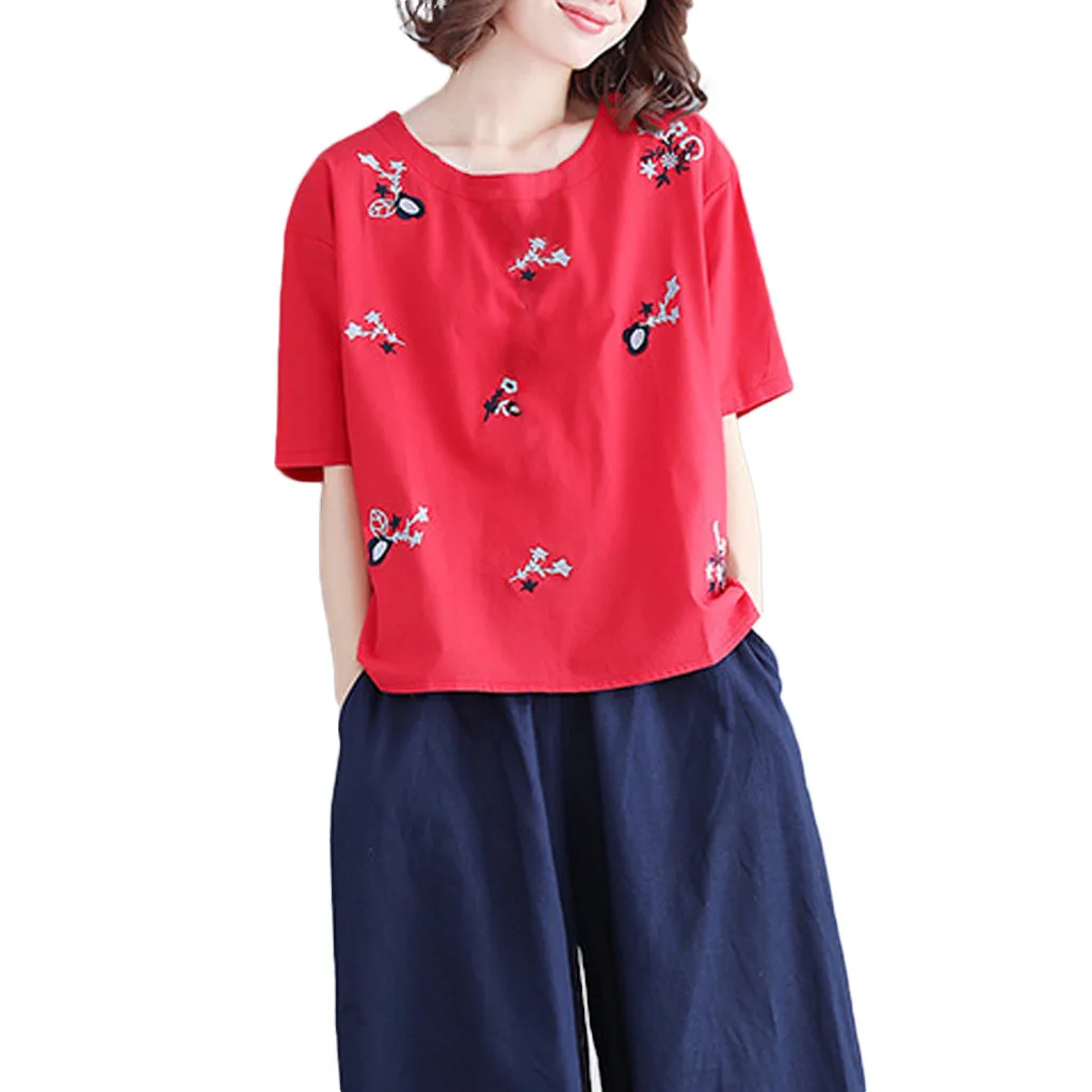 Fashion Tops 2019 Women Cotton Linen O-neck Short-sleeved Embroidered Loose Blouse T-Shirt Top