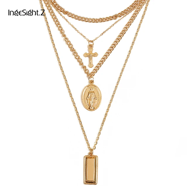 Ingesight Multilayer Crucifix Cross Virgin Mary Pendant Chain Choker Necklace Go Ingesight Multilayer Crucifix Cross Virgin Mary Pendant Chain Choker Necklace Go